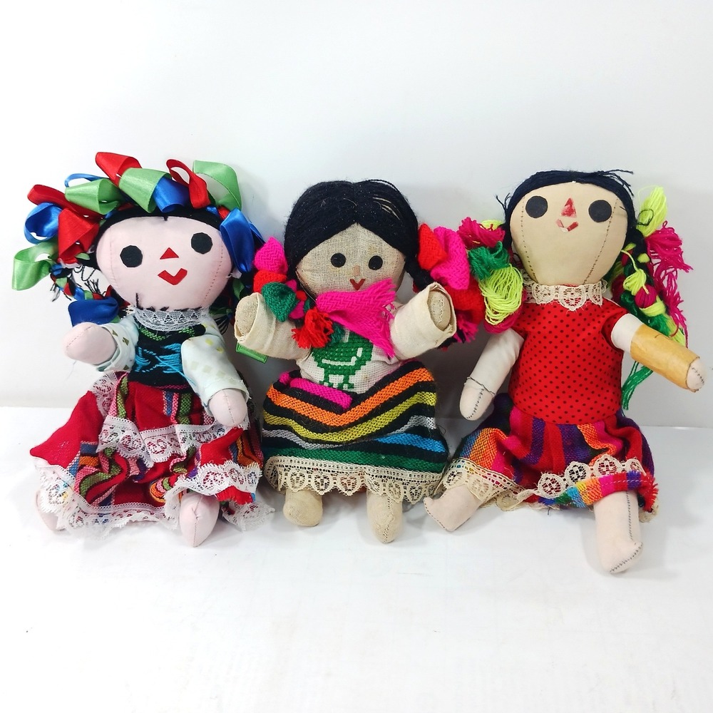 Vintage Mexican Maria Rag Dolls Set of 3 Handcrafted Folk Art Cloth Dolls 7-8"